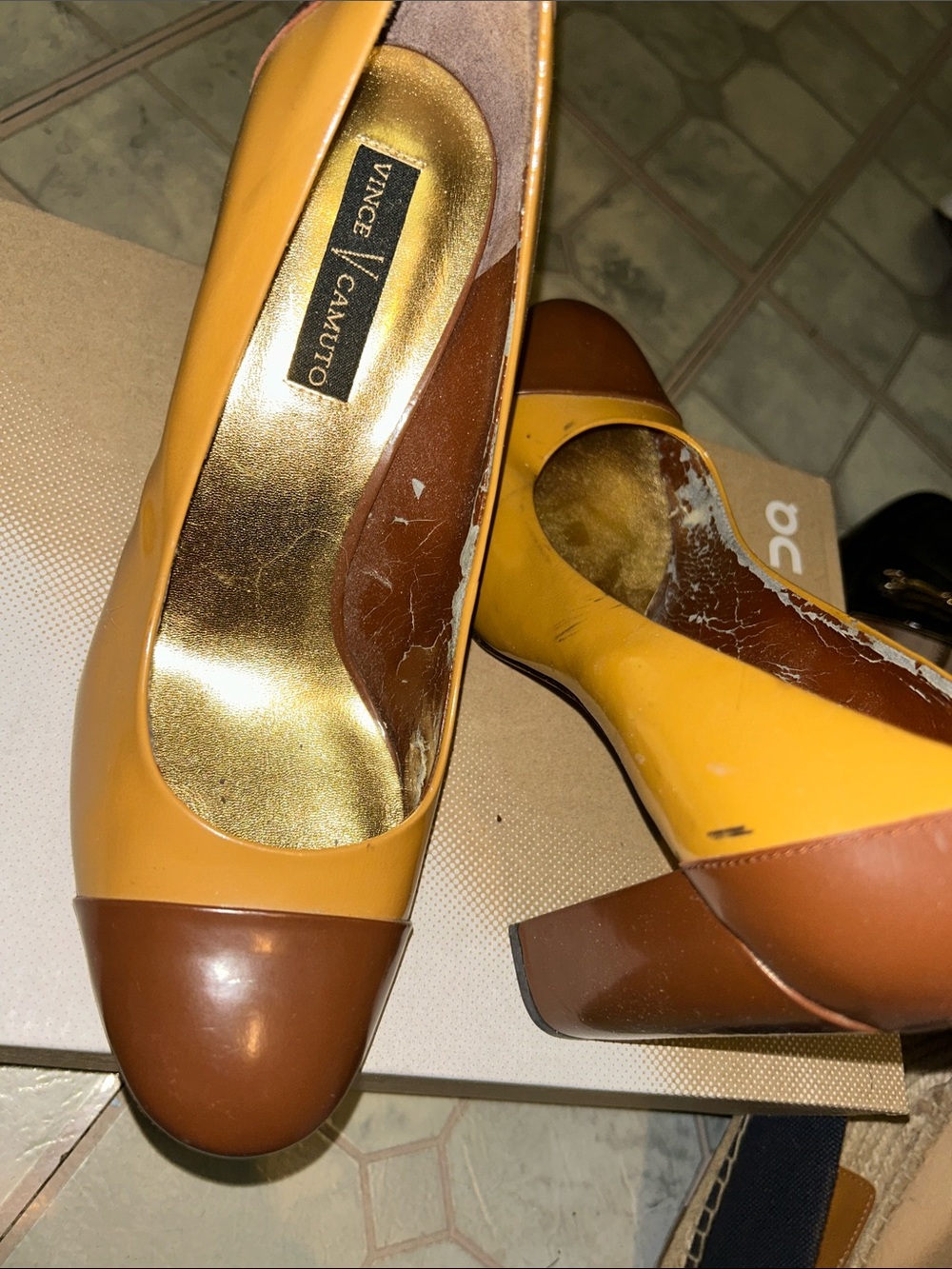 Vince Camuto Two-Tone Yellow and Brown Block Heel Pumps